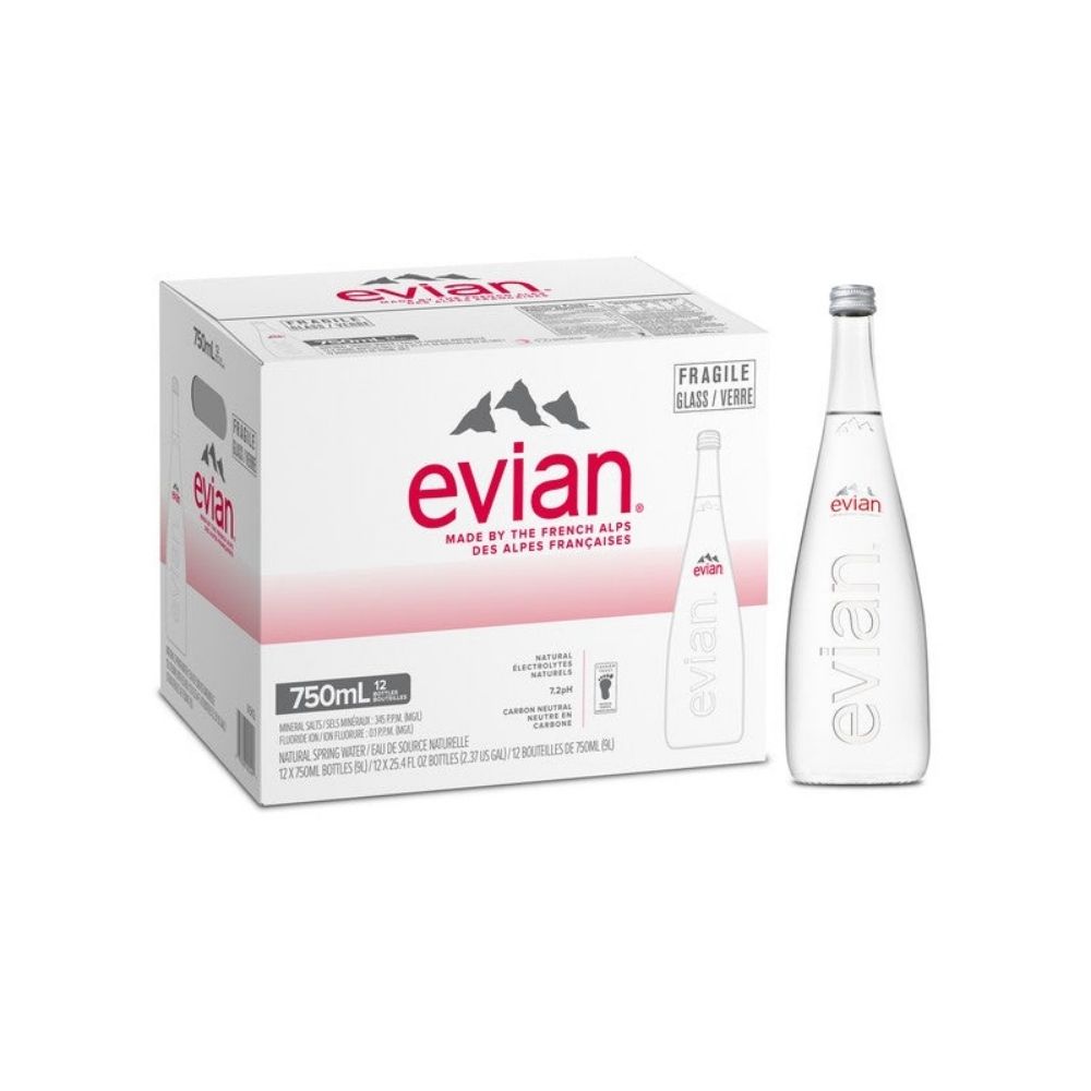 EVIAN NATURAL SPRING WATER GLASS BOTTLE 12 X 750ML