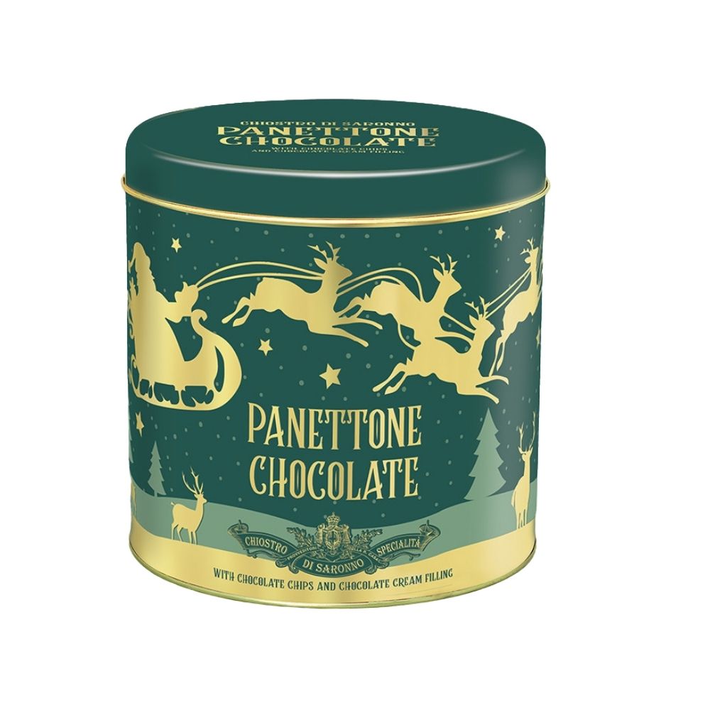 Chiostro Di Saronno Panettone With Chocolate Chips In A Reindeer Metal Tin 750g