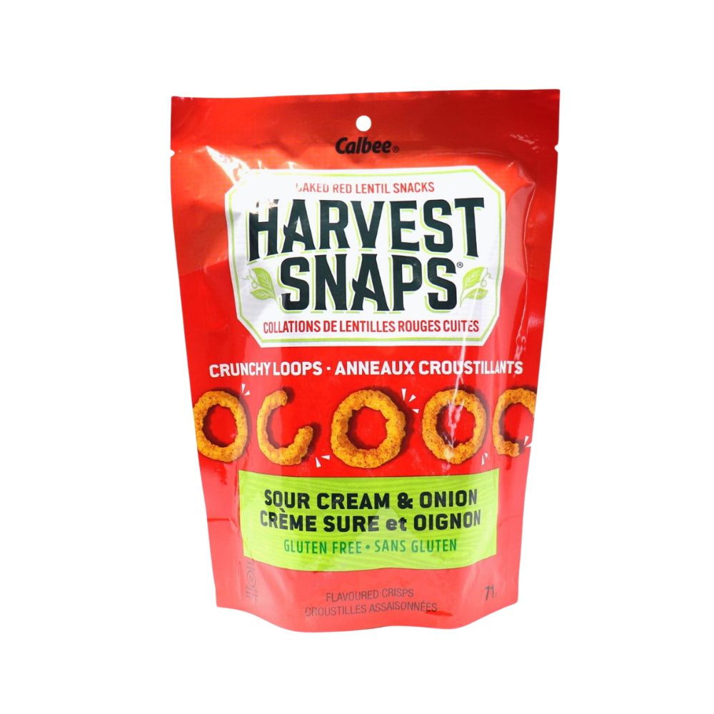 Calbee Harvest Snaps Crunchy Loops Sour Cream And Onion Baked Red Lentil Snack 71G 