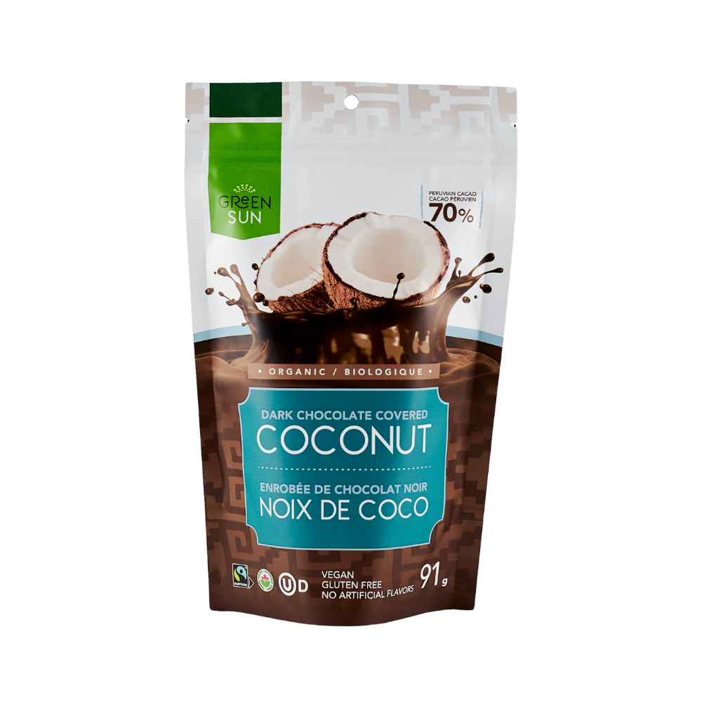 Green Sun Foods Dried Coconut Dipped In 70% Dark Chocolate 91g