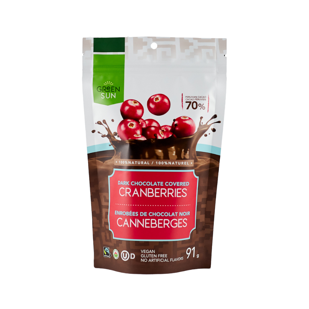 Green Sun Foods Dried Cranberries Dipped In 70% Dark Chocolate 91g