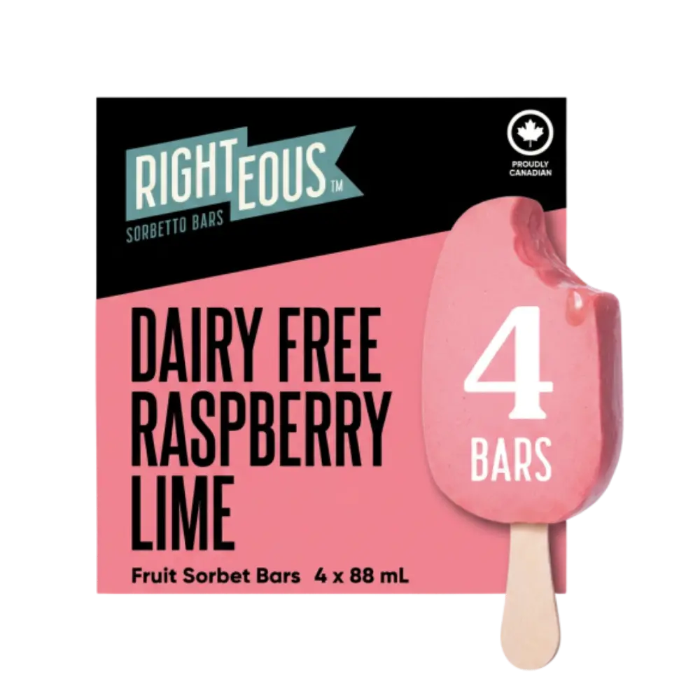 Righteous Dairy Free Raspberry Lime Fruit Sorbet Bars 4X 88Ml