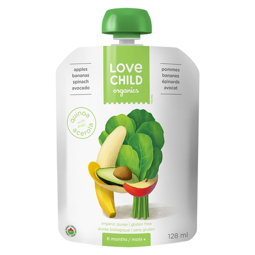 [158820] Love Child Apples, Banana, Spinach & Avocado Pouches 128Ml